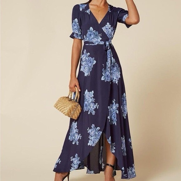 Reformation Oversized Floral Navy Blue Maxi Short Sleeves Wrap Cocktail Dress S - Picture 11 of 17